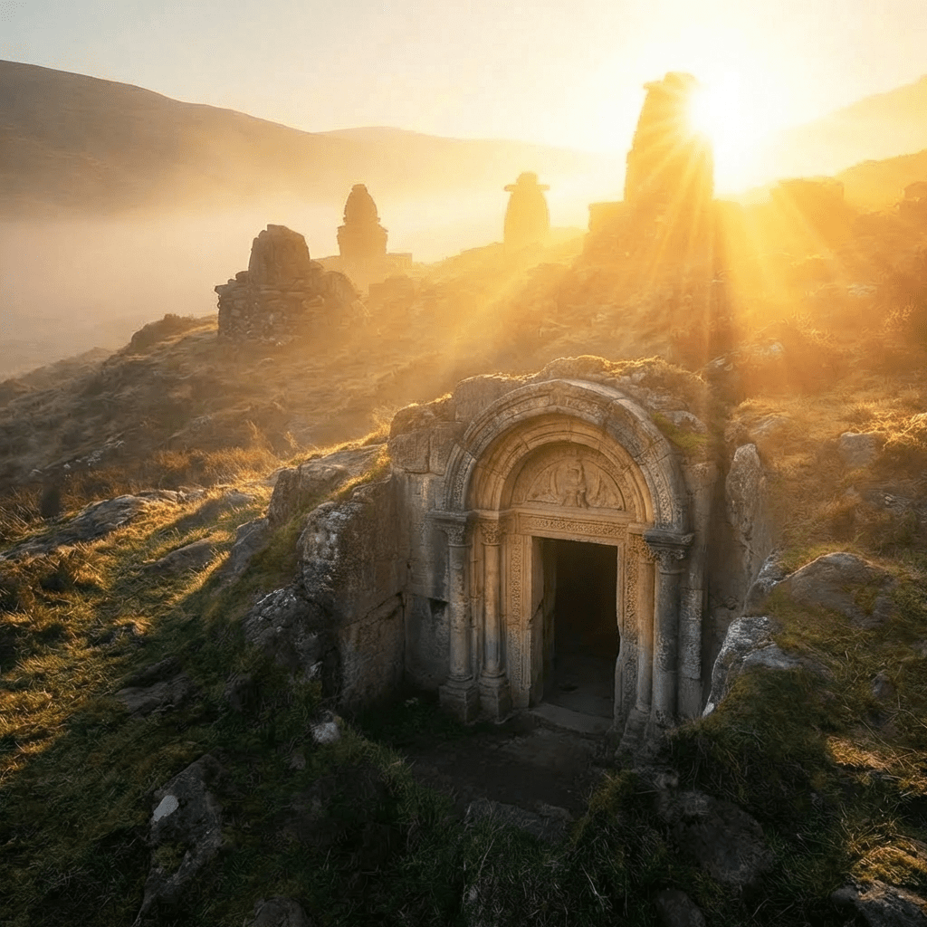 Moss-covered stone sarcophagus in a misty landscape with ancient towers and golden sunbeams.