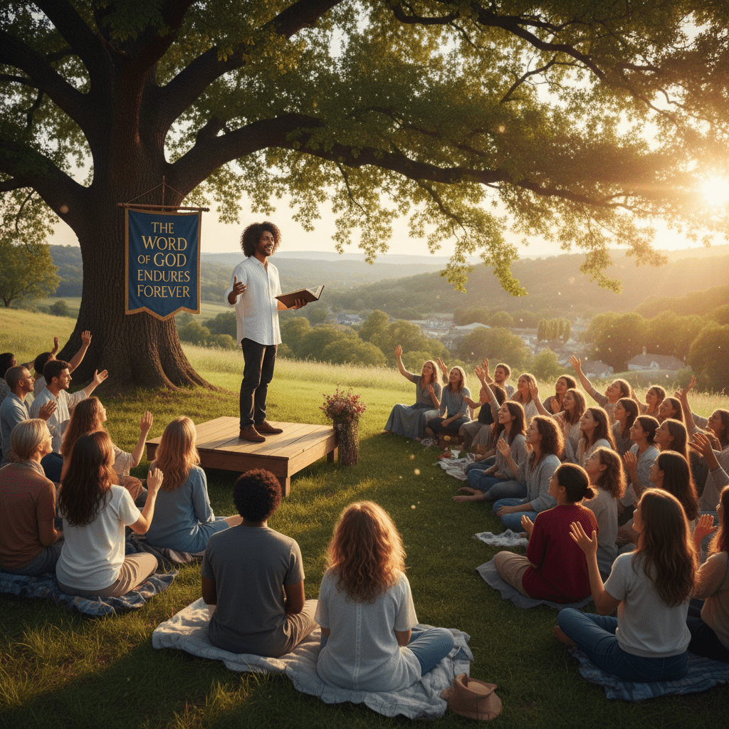 Man preaching to a group; banner reads: THE WORD OF GOD ENDURES FOREVER.