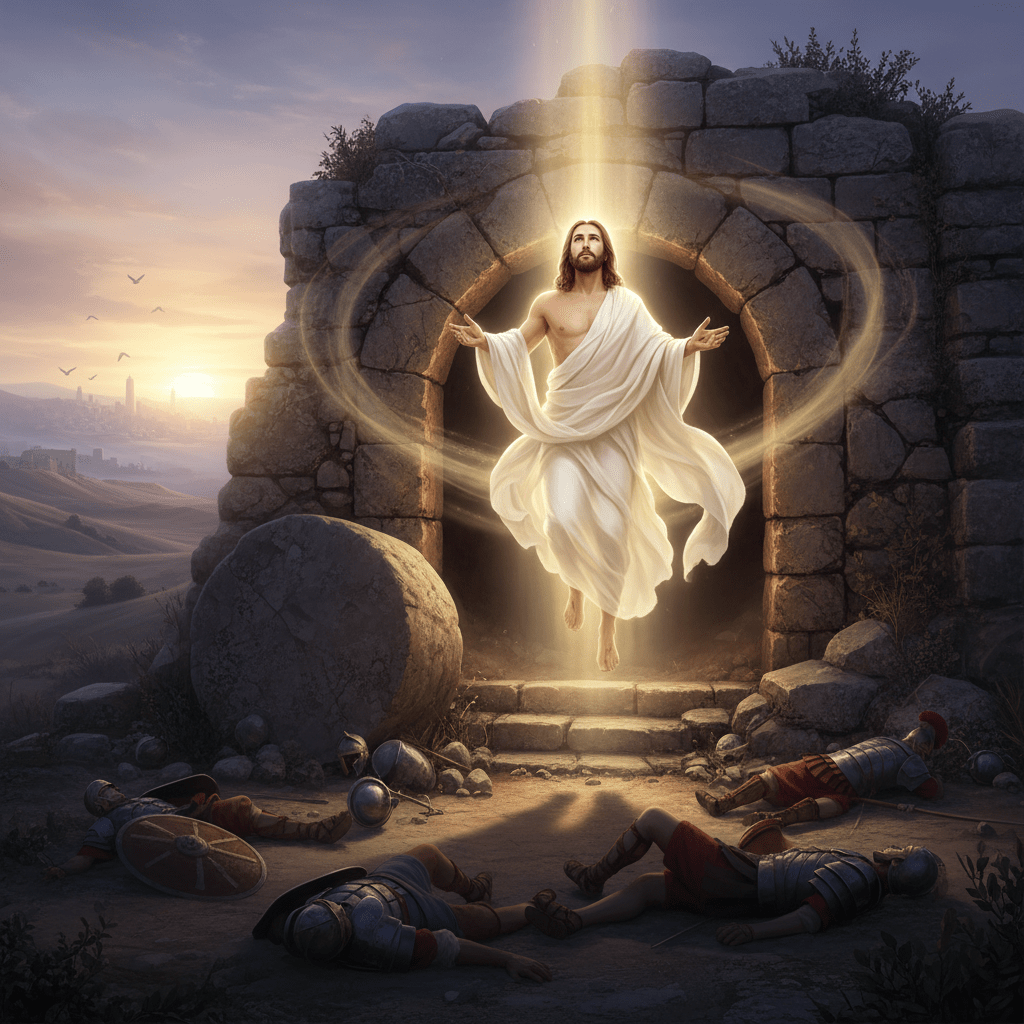 Jesus rising from an open stone tomb while Roman soldiers lie on the ground.