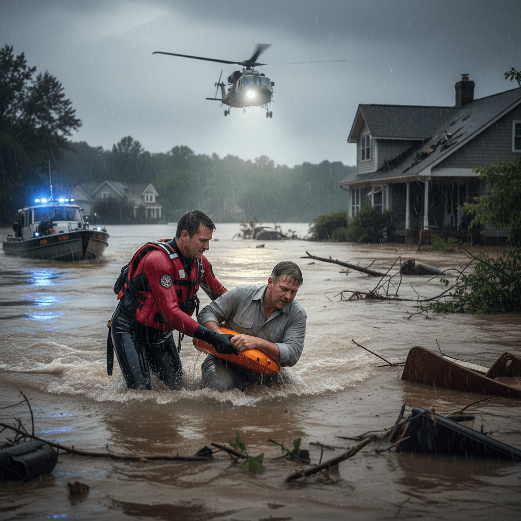 A rescue worker assists a man through deep floodwaters with a helicopter and boat nearby.