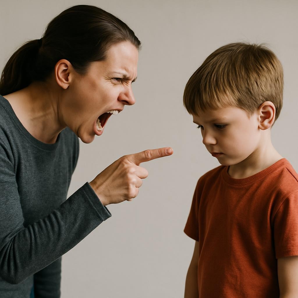 An angry woman shouting and pointing her finger at a sad young boy.