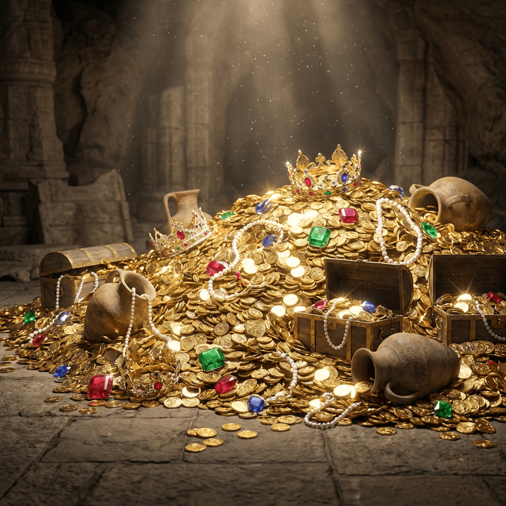 Large mound of gold coins, jewel-encrusted crowns, and pearls in a dark stone vault.
