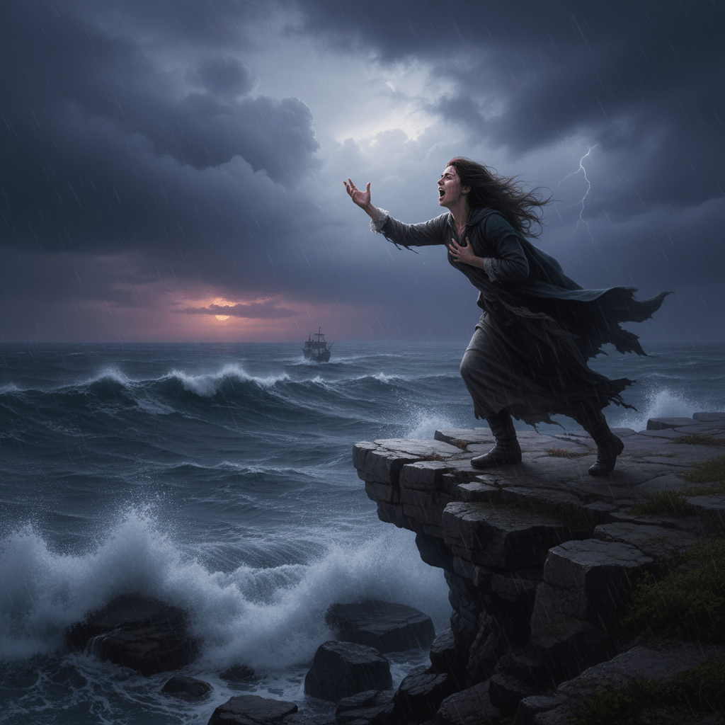 Woman standing on cliff edge shouting towards ship during stormy seas with lightning