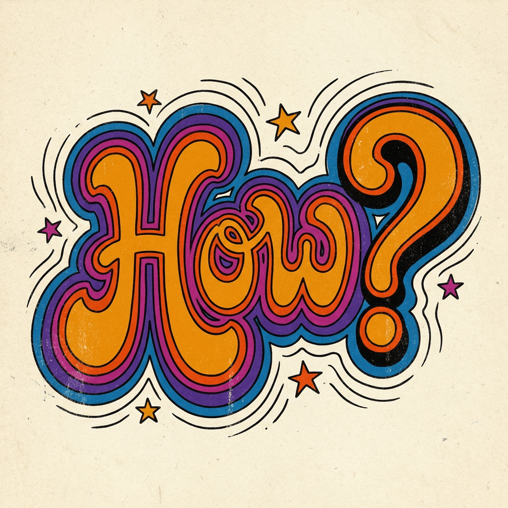 The word 'How?' in bold, orange retro typography with purple and blue outlines and surrounding stars.