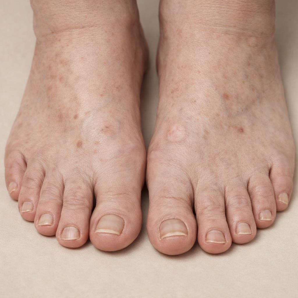 Close-up of feet with multiple dark spots and uneven skin tone