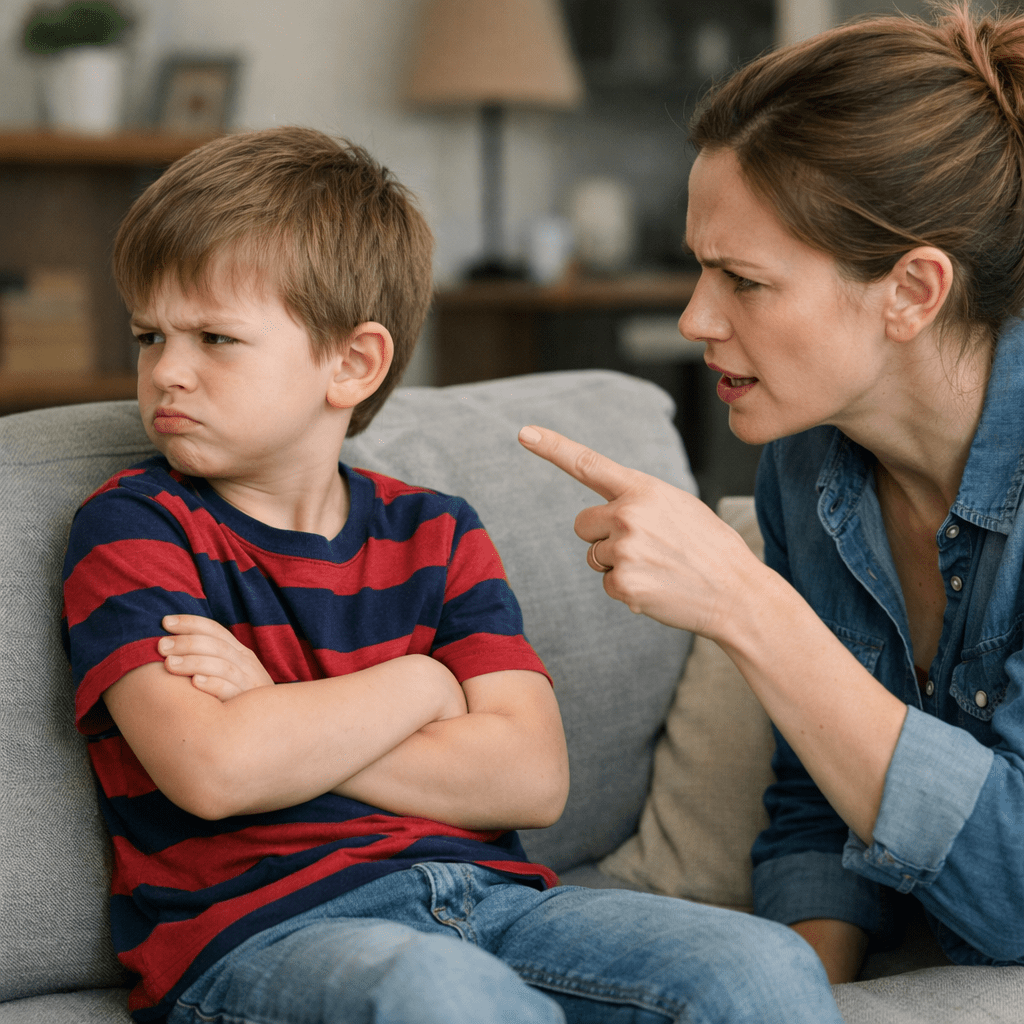 Mother pointing finger and speaking to upset boy with arms crossed