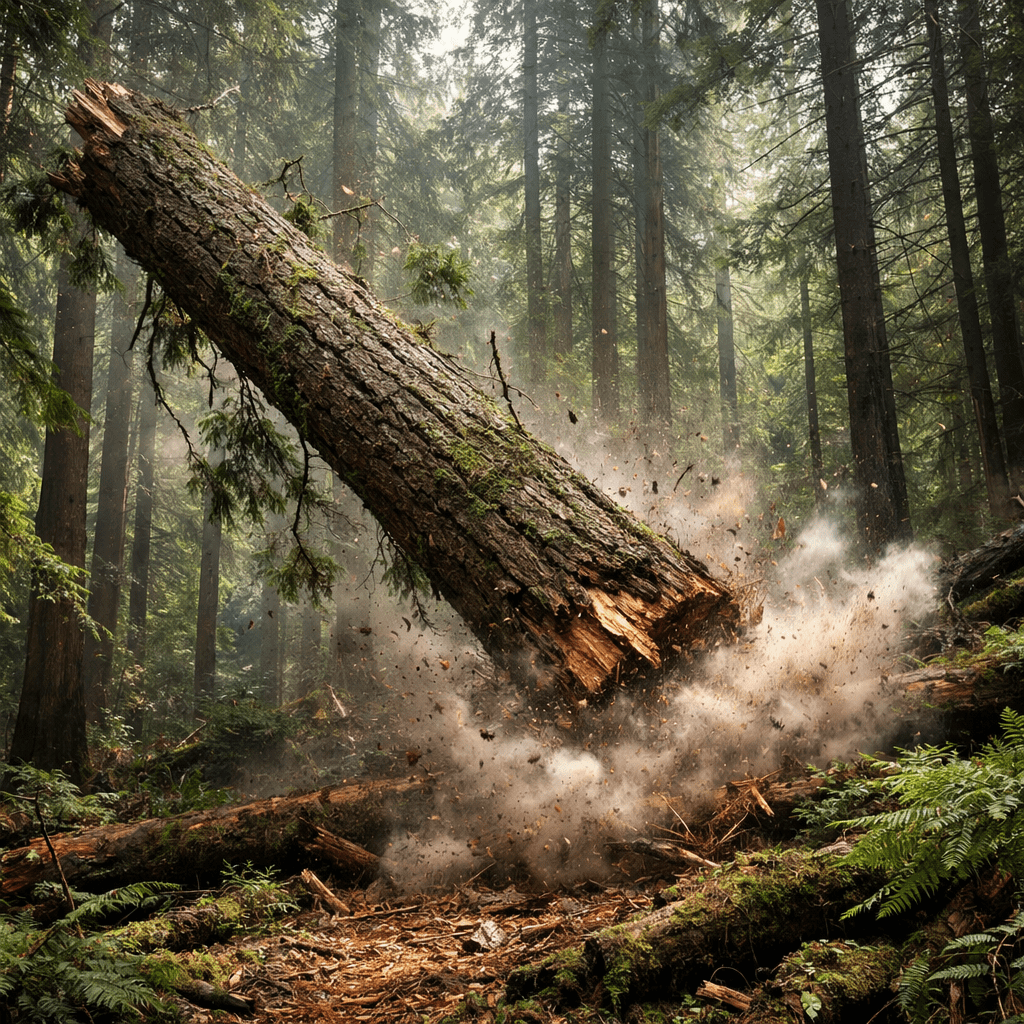 Large tree falling with dust and debris in a dense forest