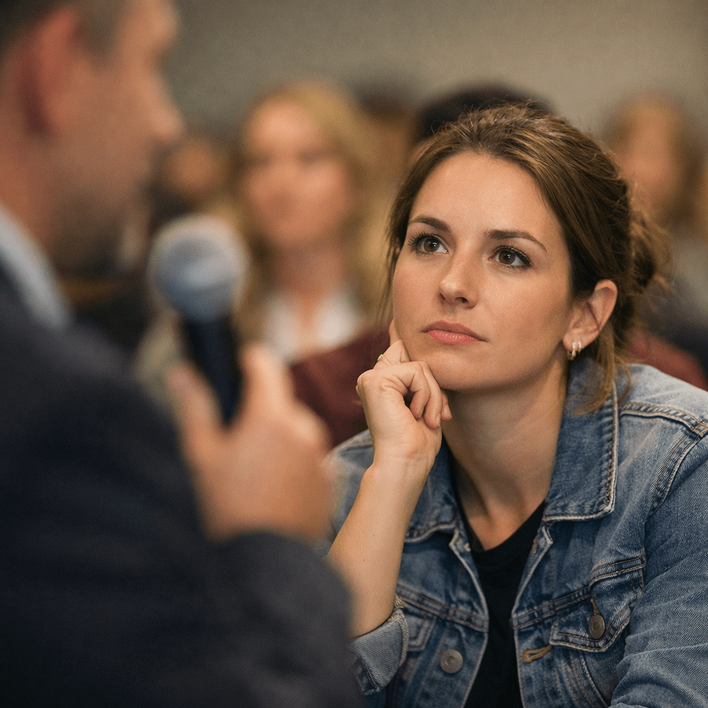 Woman attentively listening to speaker with microphone