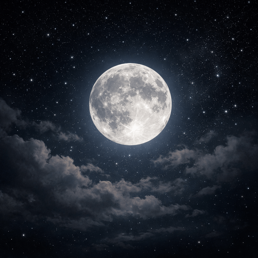 Full moon surrounded by stars and wispy clouds at night