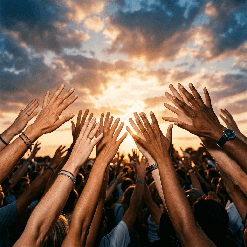 Multiple raised hands of different skin tones reaching up towards a colorful sunset sky