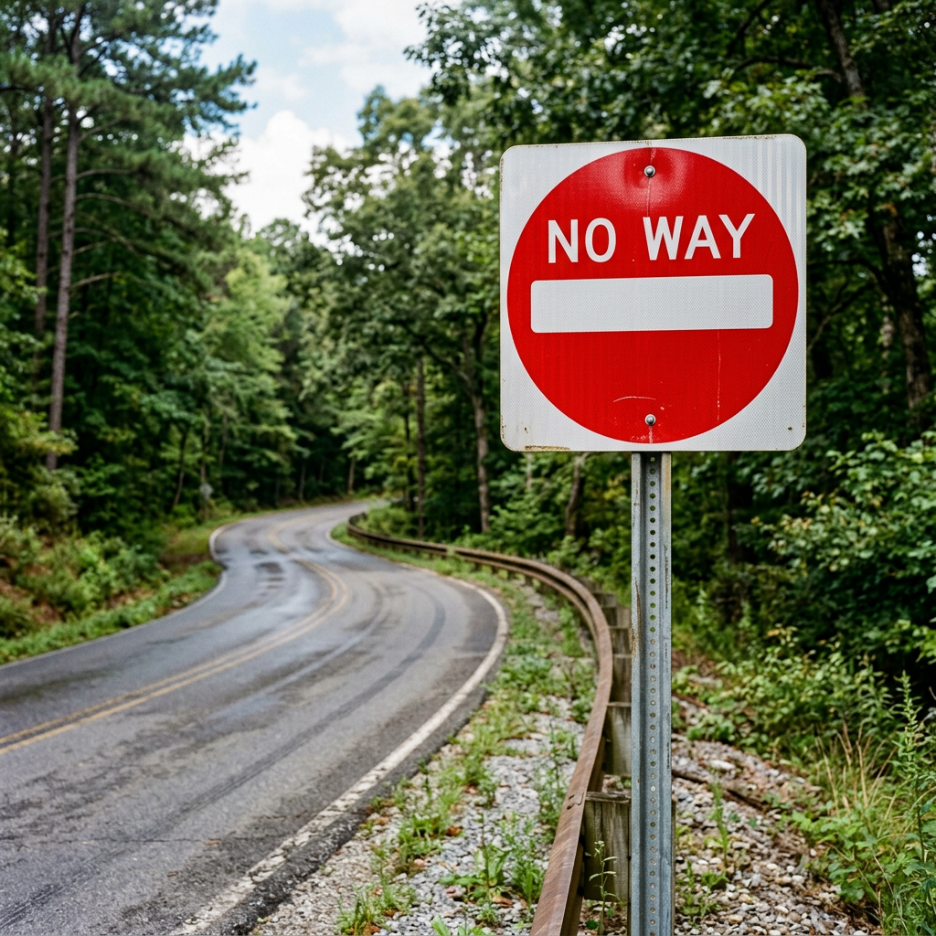 Red and white road sign altered to read 'NO WAY' next to curved forest road