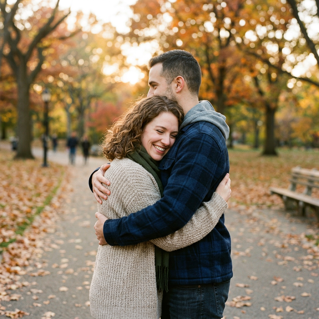 Couple embracing in a park with autumn leaves and trees