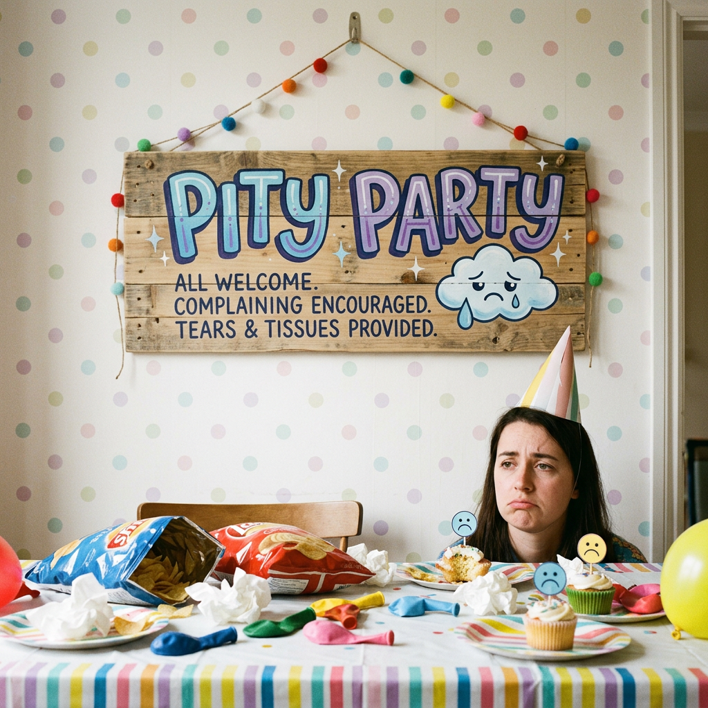 Woman with party hat at table under 'Pity Party' sign with sad face cupcakes and balloons