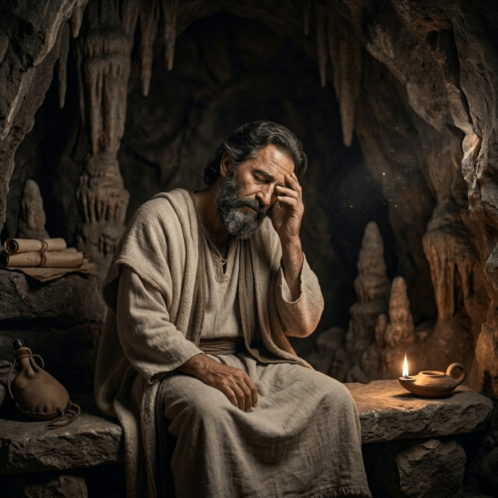 Ancient man in robes sitting in a cave listening to glowing magical waves