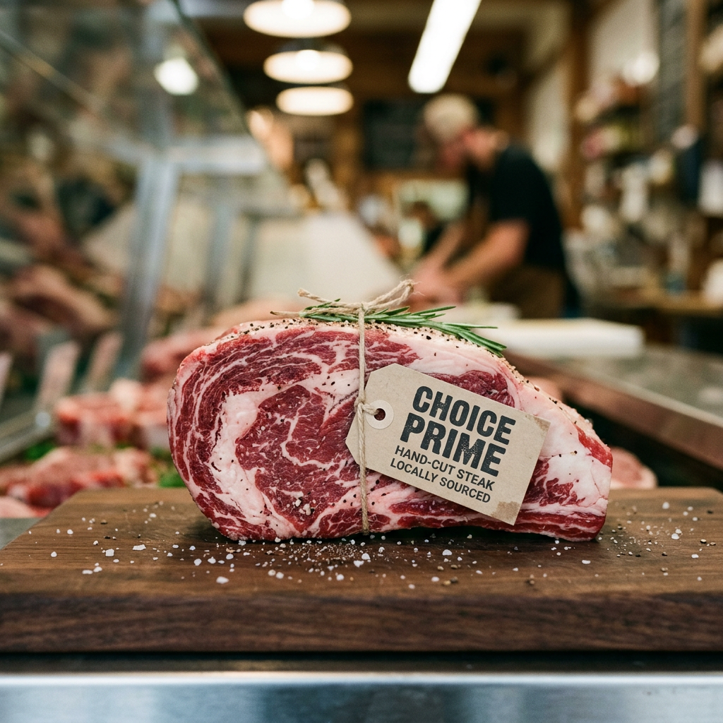 Prime hand-cut steak labeled choice and locally sourced on wooden board