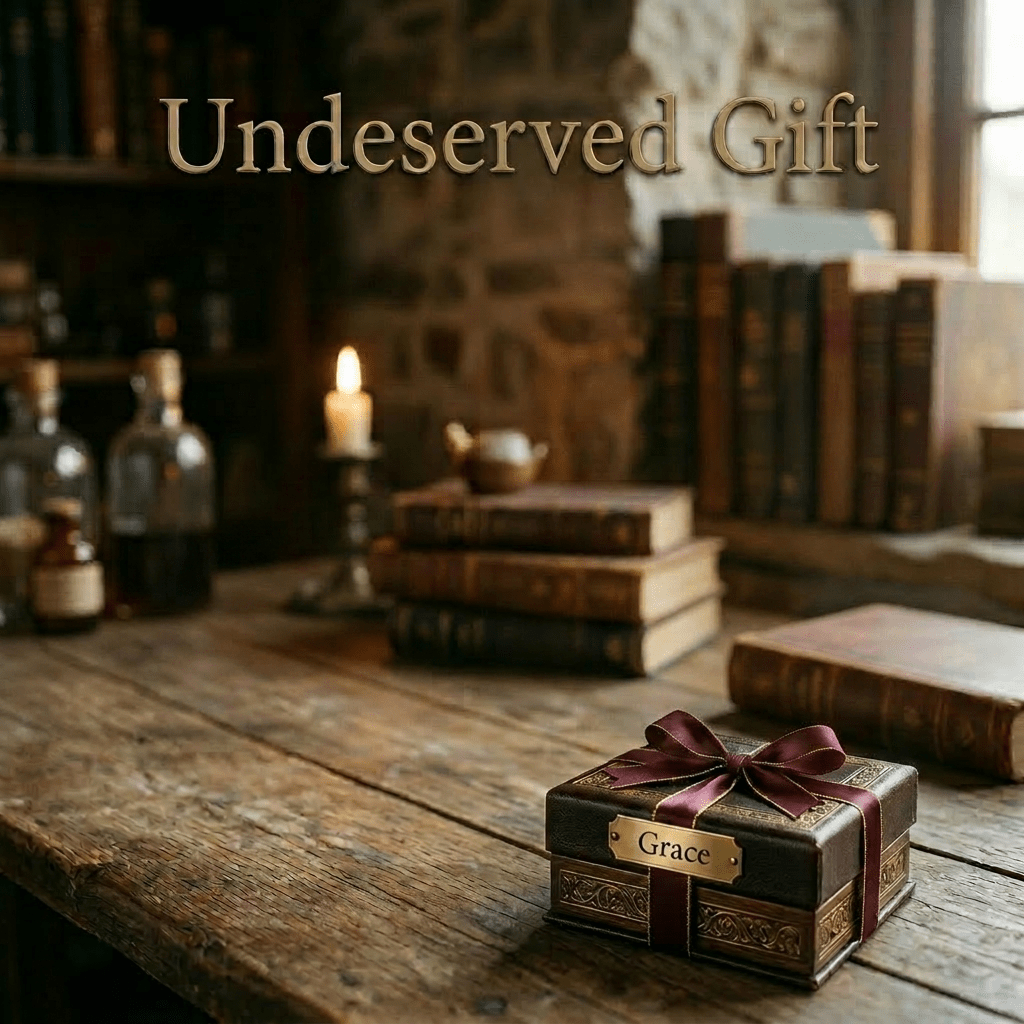 Antique balance scale with heavy stones on one side and glowing feathers on the other, beside a decorative box labeled Grace