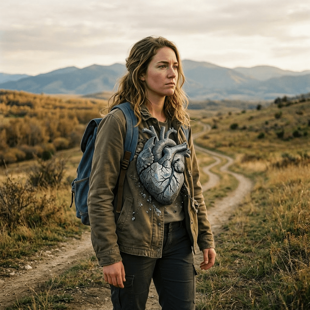 Woman hiking on a mountain trail with anatomical heart graphic on her jacket