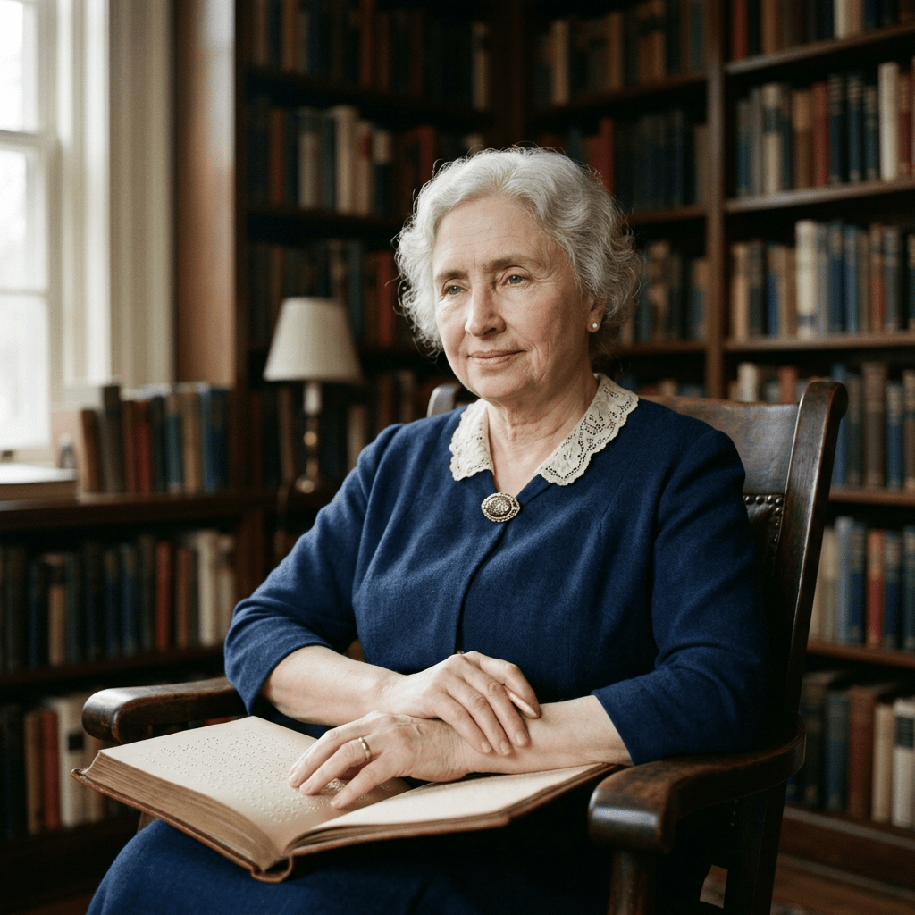 Elderly woman reading Braille book in library