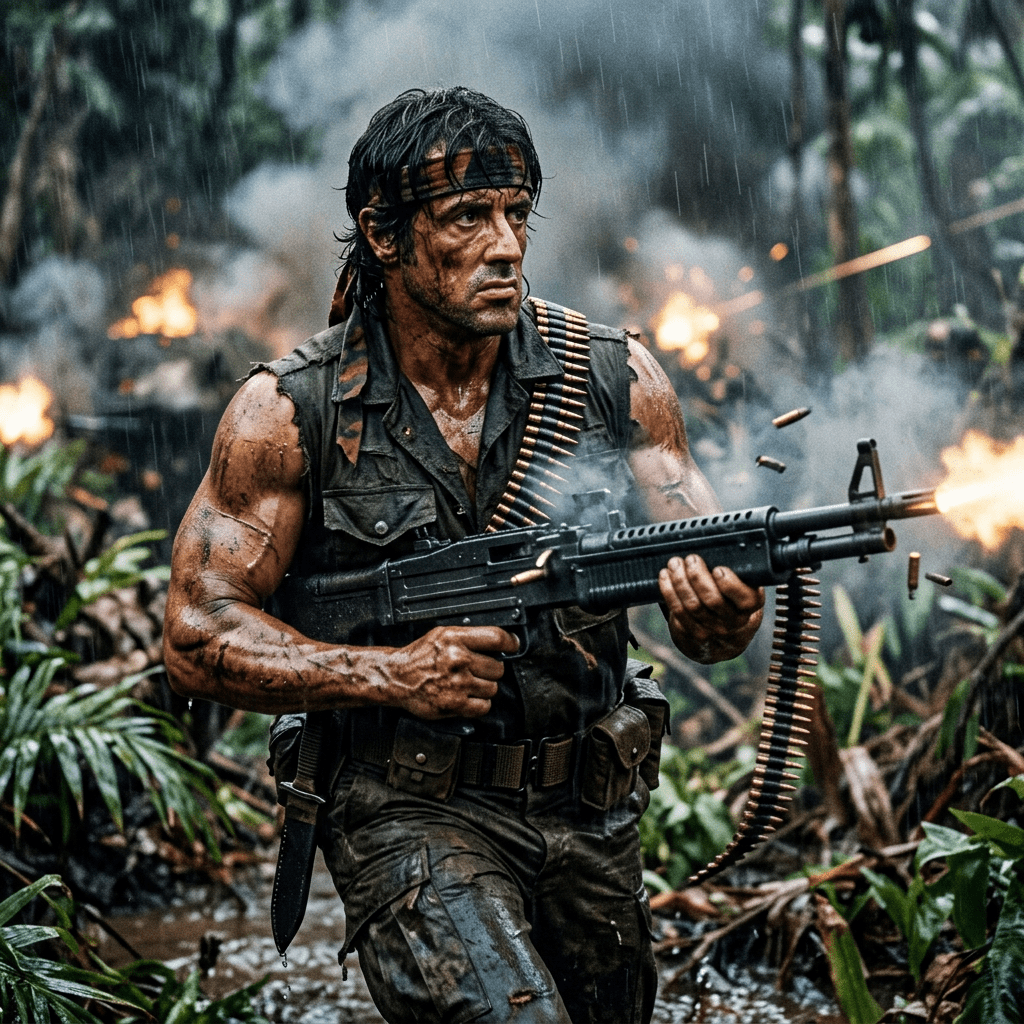 Soldier firing machine gun in rainy jungle combat scene