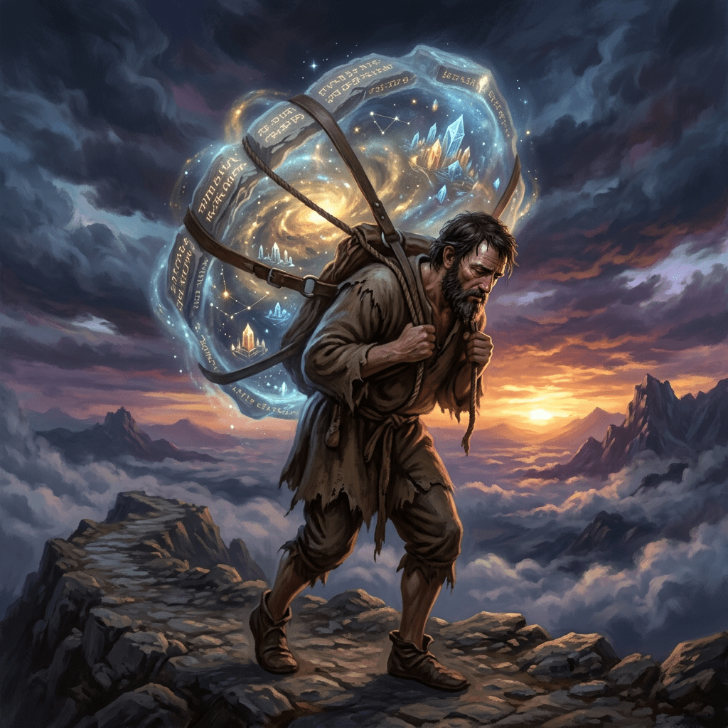 A man carrying a glowing, magical orb with constellations and runes on his back while walking on a mountain path