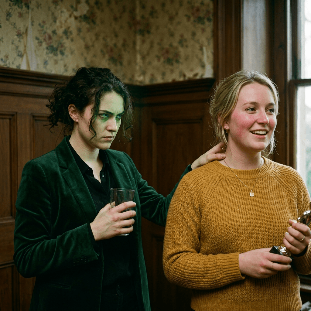 Woman with green glowing aura looking tense beside smiling woman holding a trophy