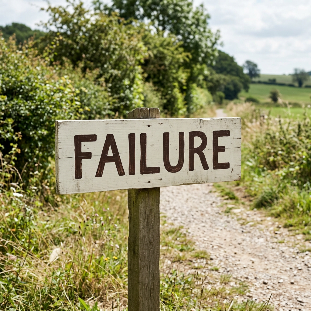 Wooden sign with the word 'FAILURE' on a rural dirt path