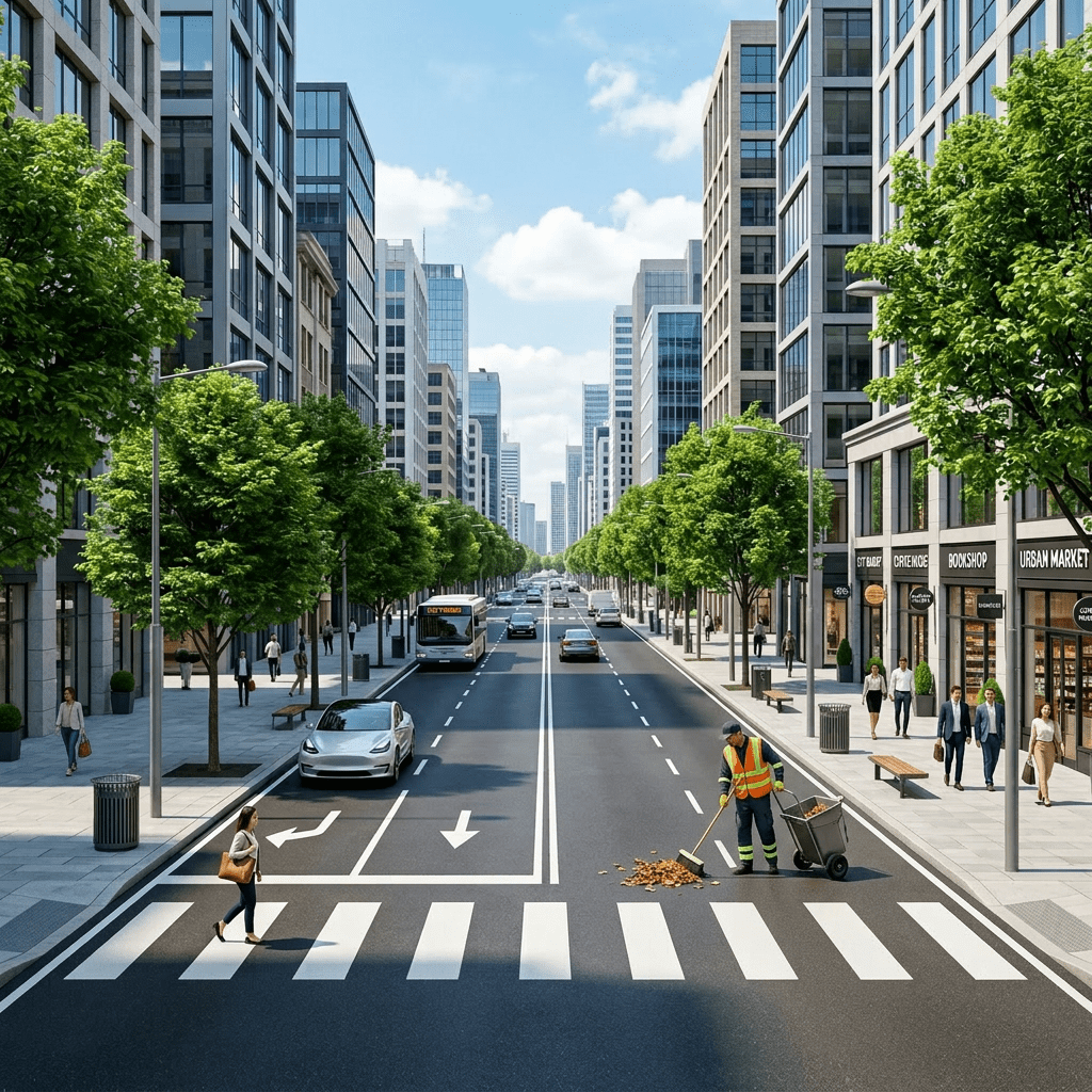 Busy urban street with crosswalk, cars, bus, trees, and pedestrians