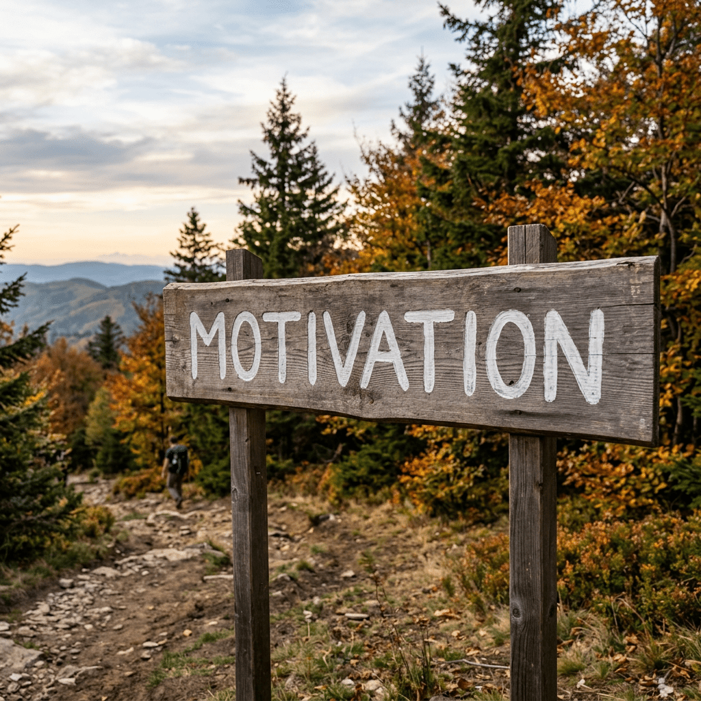 Wooden sign with the word MOTIVATION on a forest hiking trail.