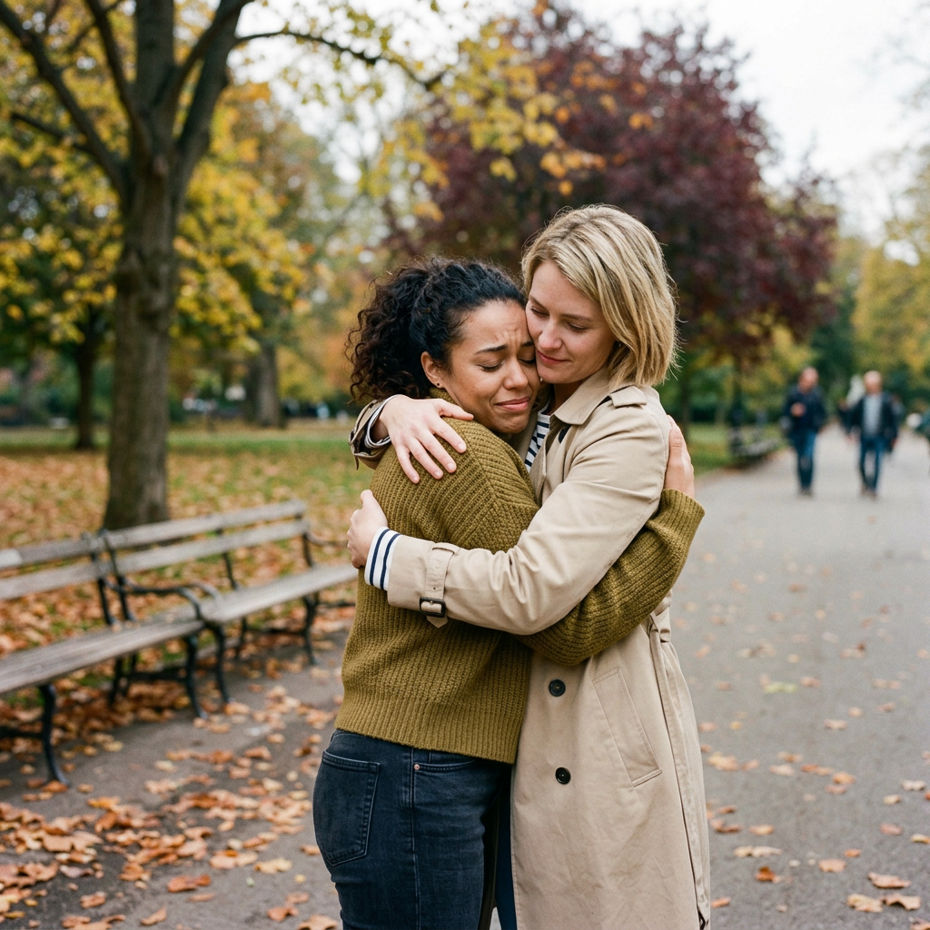 Two women hugging warmly in a park with autumn leaves on the ground