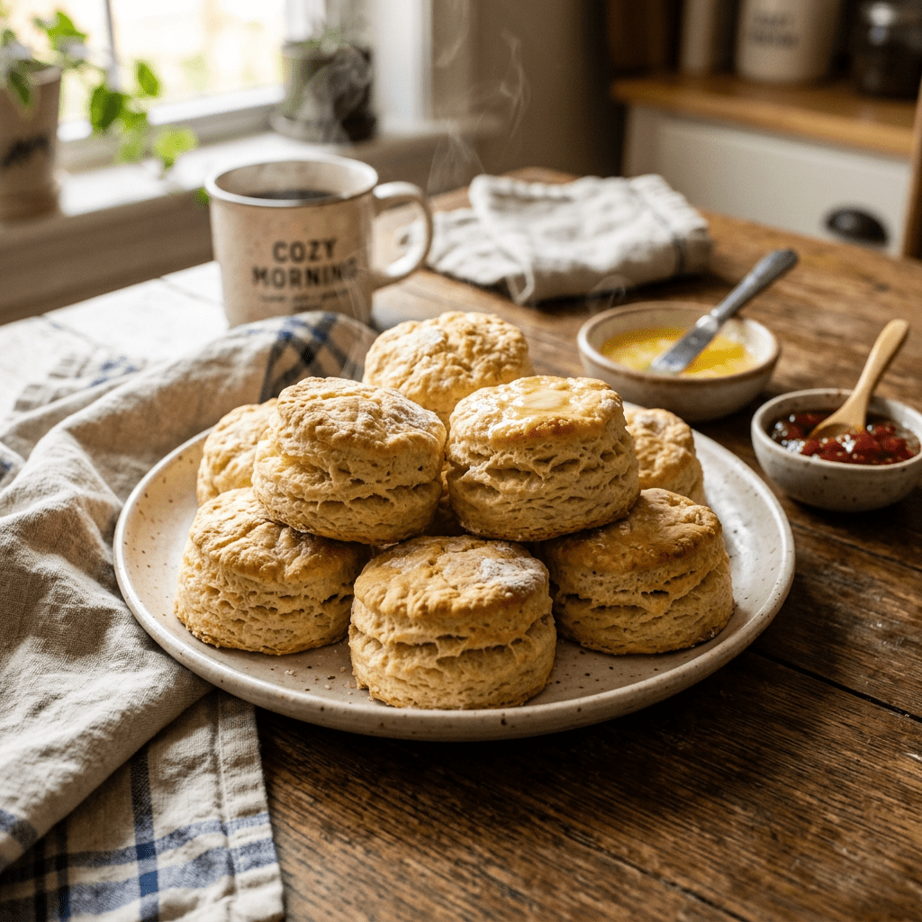 Plate of freshly baked golden biscuits with steam rising, coffee mug, bowls of butter and jam