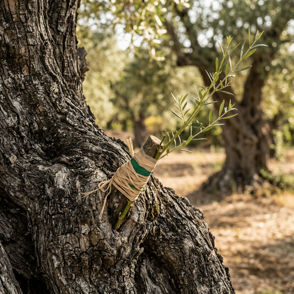 Young olive branch grafted and tied to an old olive tree trunk