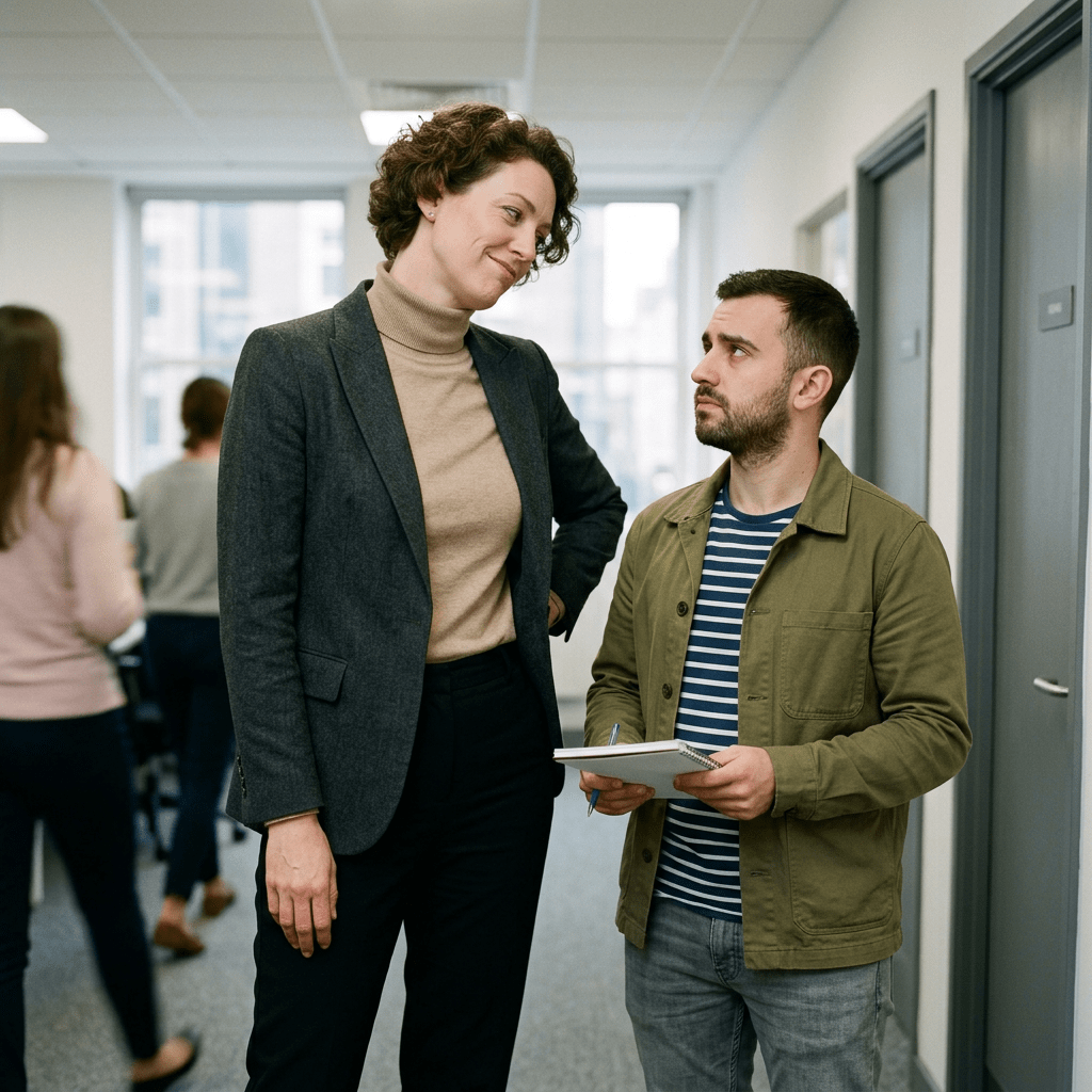 Woman mentoring a man with notebook in office corridor