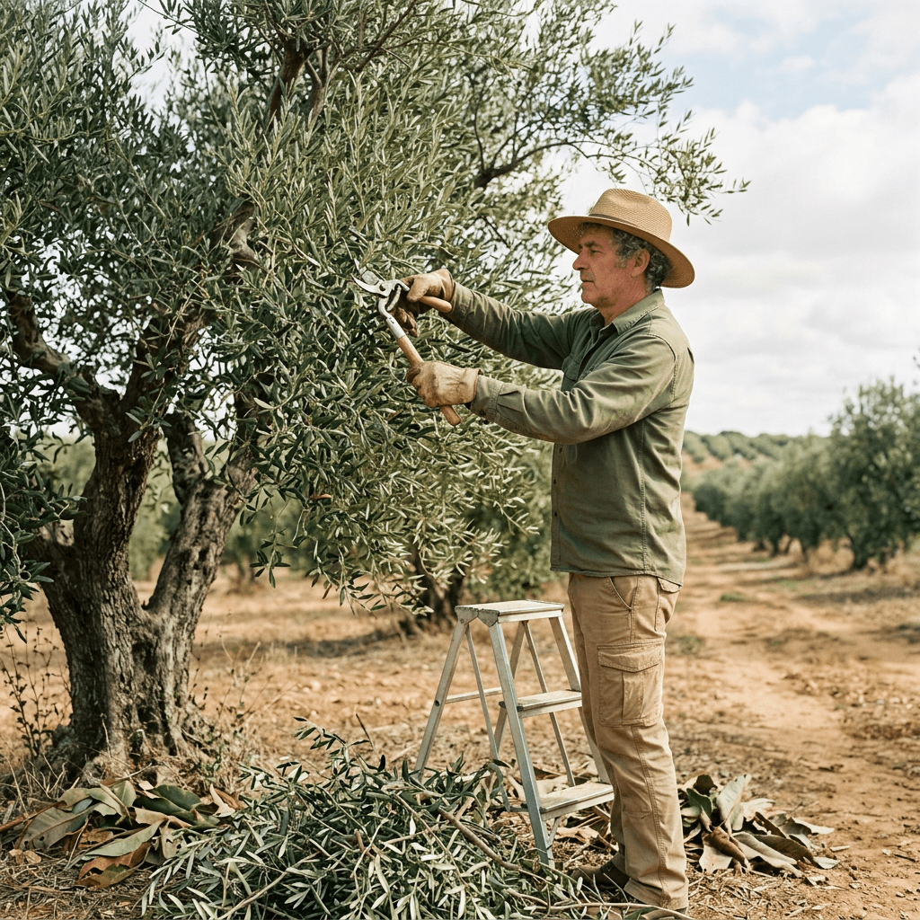 Man trimming branches of olive tree with pruning shears in orchard