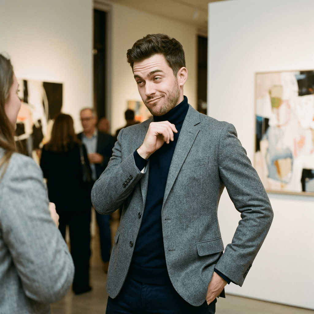 Man in gray blazer with skeptical facial expression talking to a woman in an art gallery