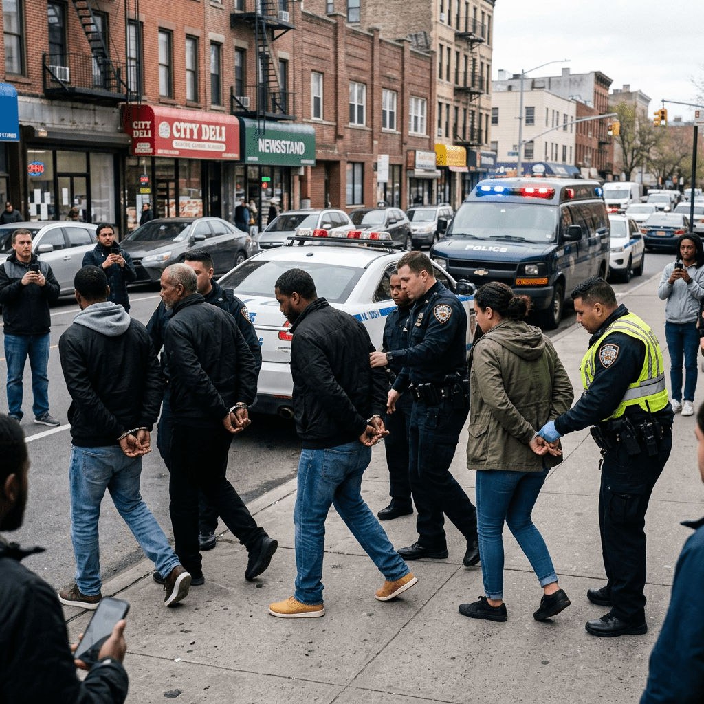 Police officers handcuff and escort several individuals along a sidewalk with police vehicles nearby