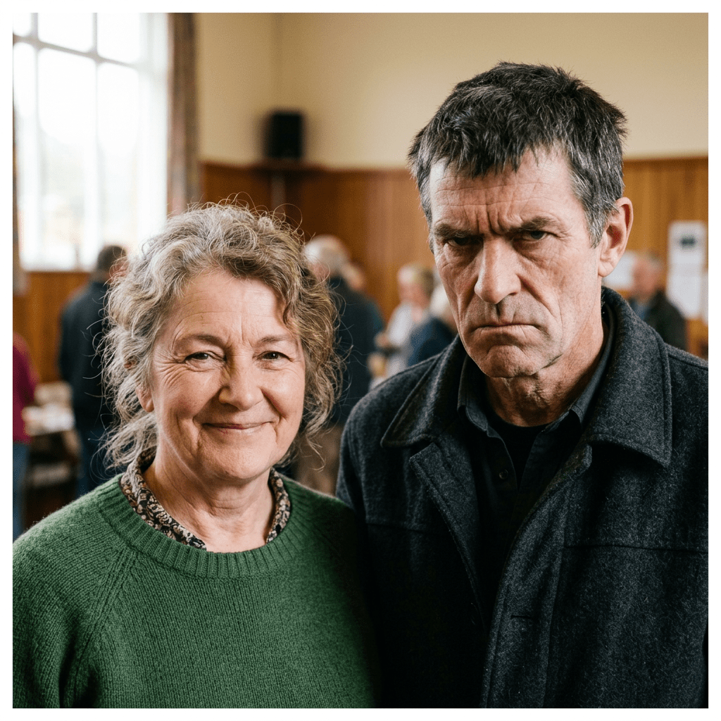 Older woman smiling and man with a serious expression standing indoors