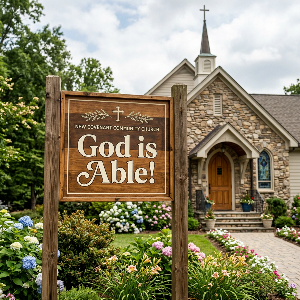 Wooden sign reading 'God is Able!' in front of New Covenant Community Church