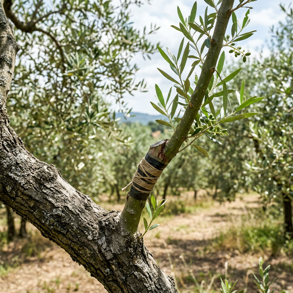 Grafted olive tree branch tied with twine in an orchard