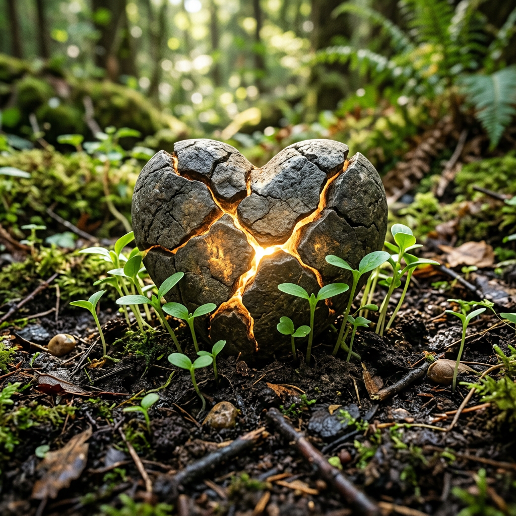 Heart-shaped cracked stone glowing with light surrounded by seedlings on forest floor