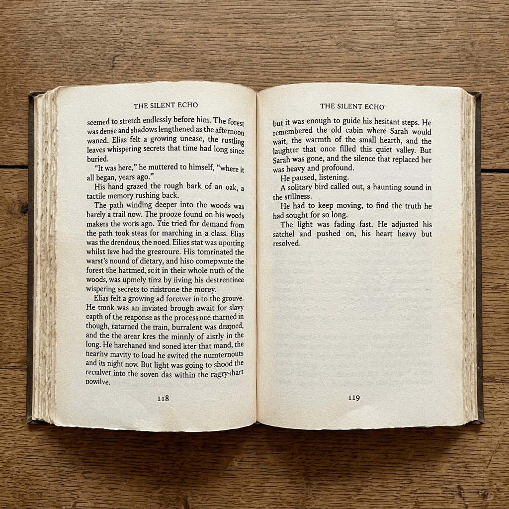 Open book titled 'The Silent Echo' with readable story text and some distorted text on the left page