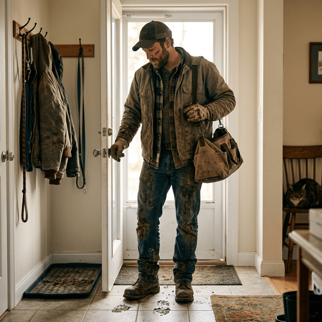 Man in dirty work clothes and gloves carrying a bag entering a home through the front door