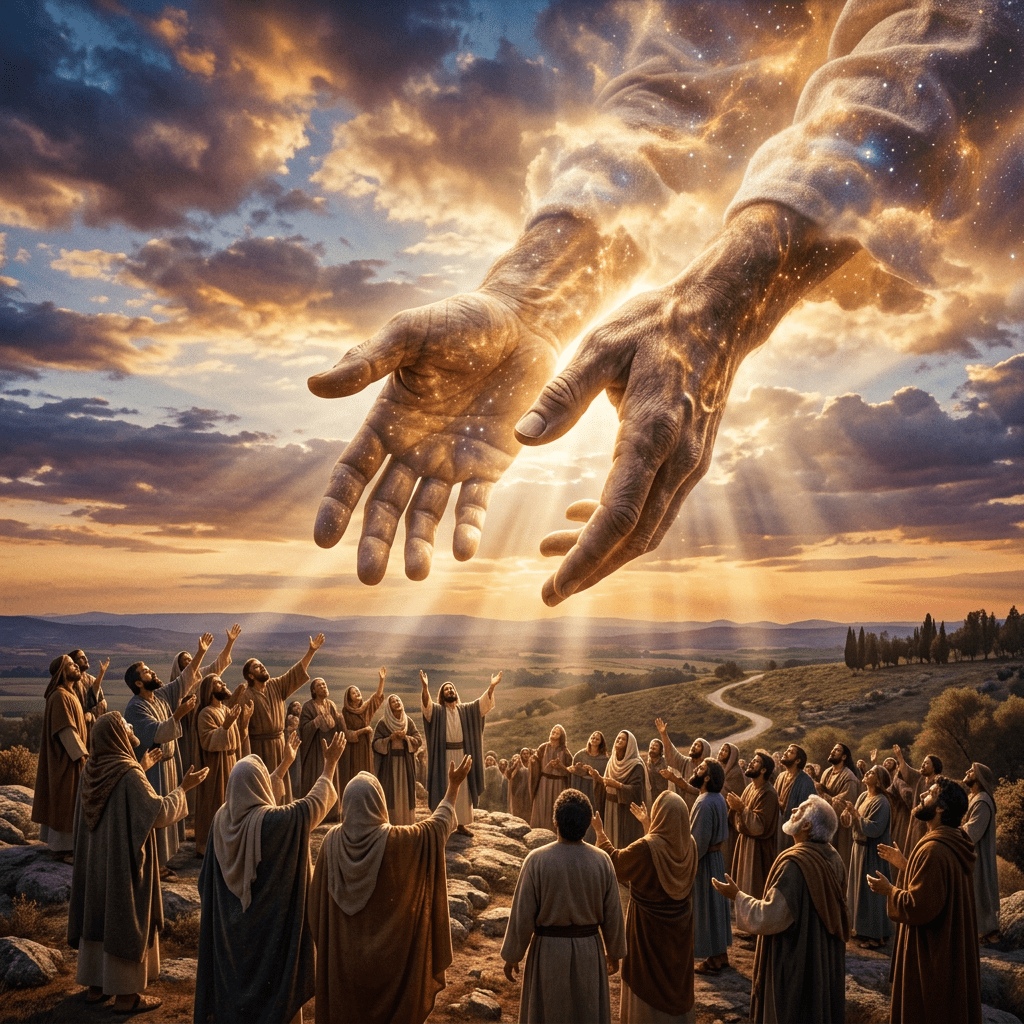 Group of people raising hands toward radiant divine hands in the sky at sunset