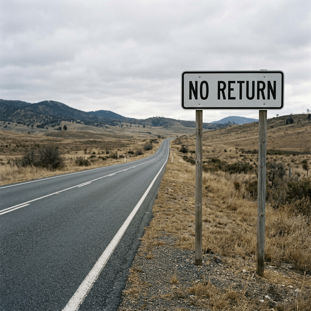 Empty rural road with 'No Return' sign on the side