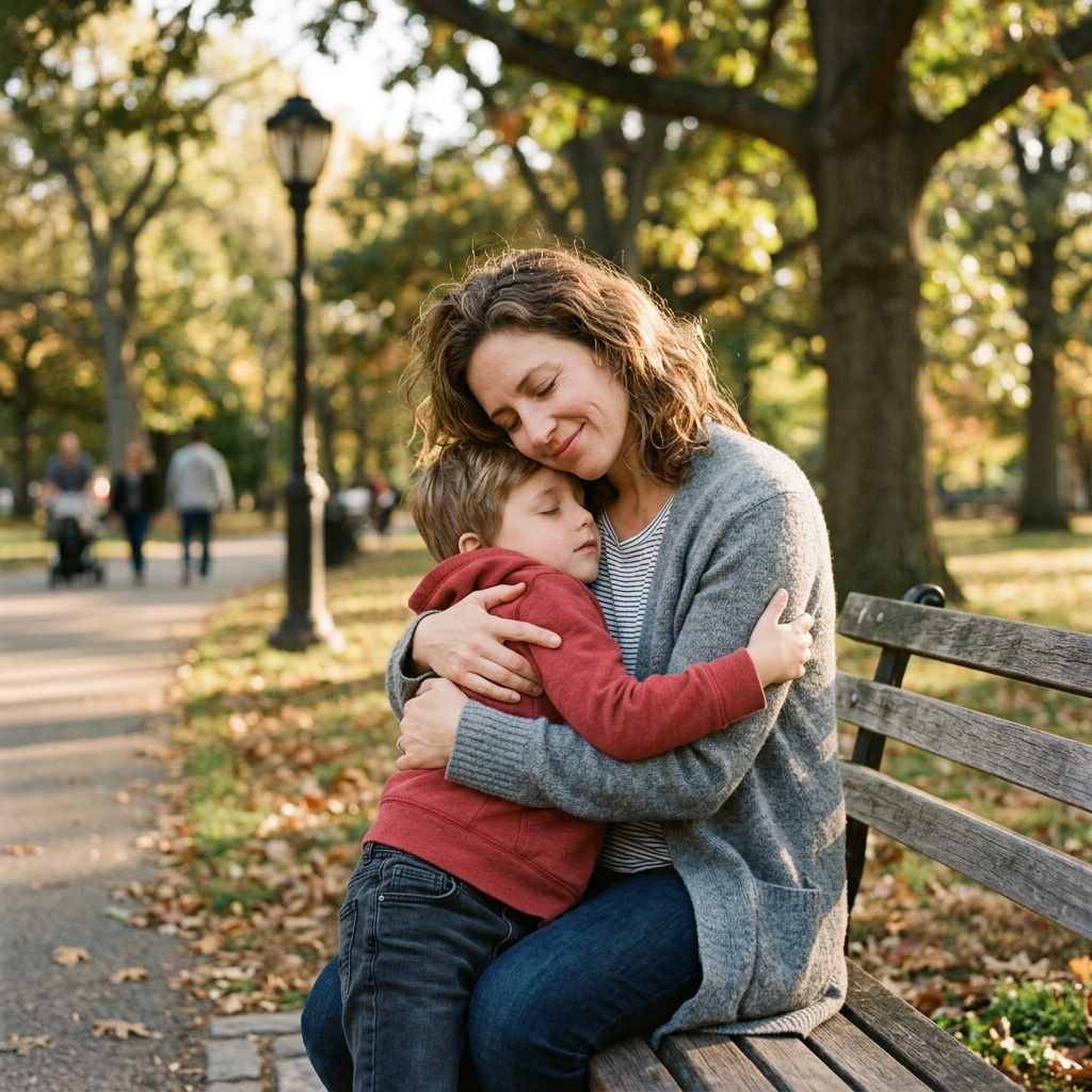 Mother and child sharing a loving hug on a park bench