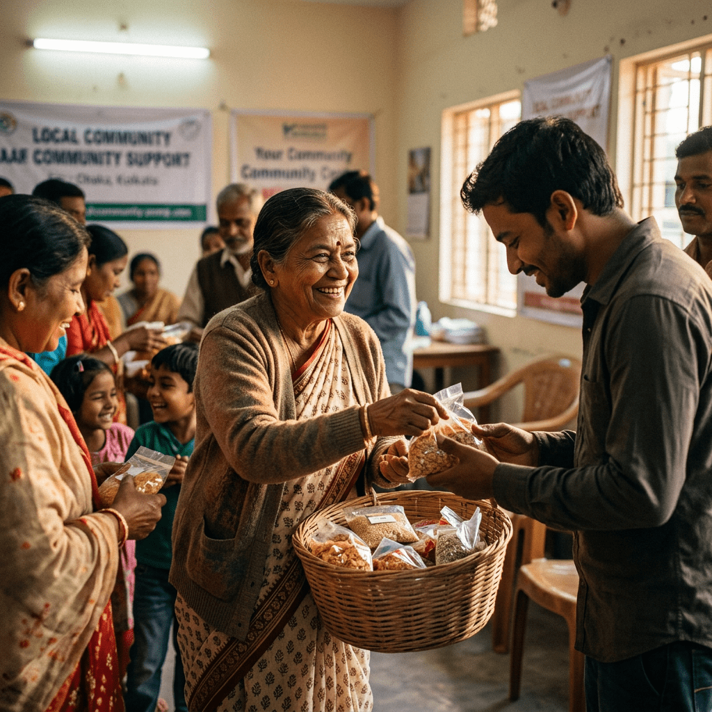 Elderly woman distributing food packets to a smiling man indoors with other people in the background