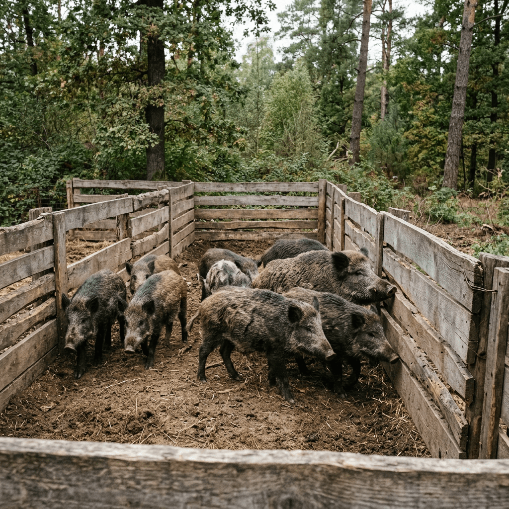 Group of wild boars standing in a wooden enclosure surrounded by trees
