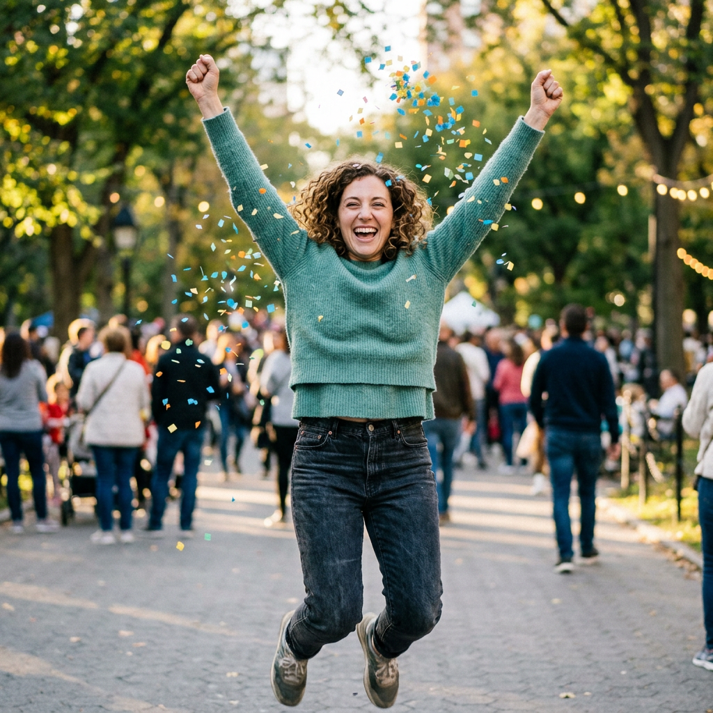 Woman jumping with arms raised and confetti falling in crowded park