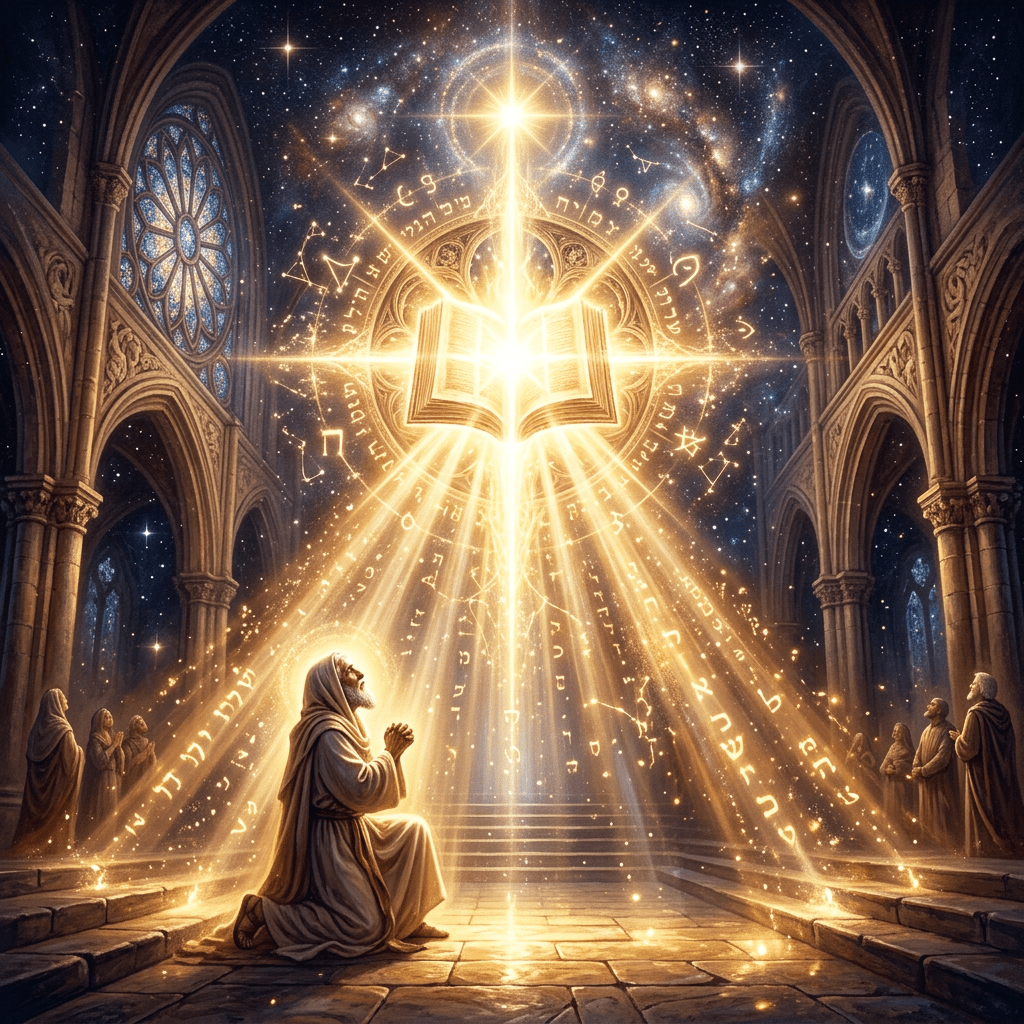 Man kneeling in cathedral with glowing open book and radiant mystical symbols