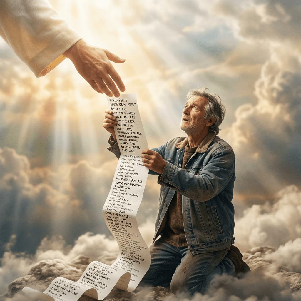 Elderly man holding long list of wishes reaching out to divine hand among clouds
