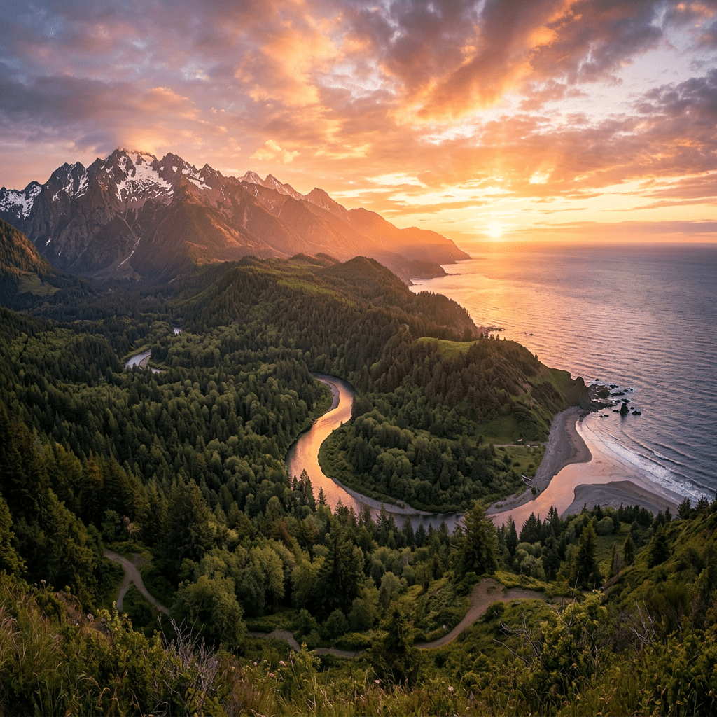 Winding river through forested mountains leading to ocean at sunset
